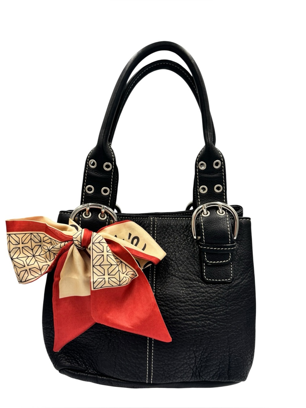 Tignanello Black Pebbled Leather Tote with purse scarf